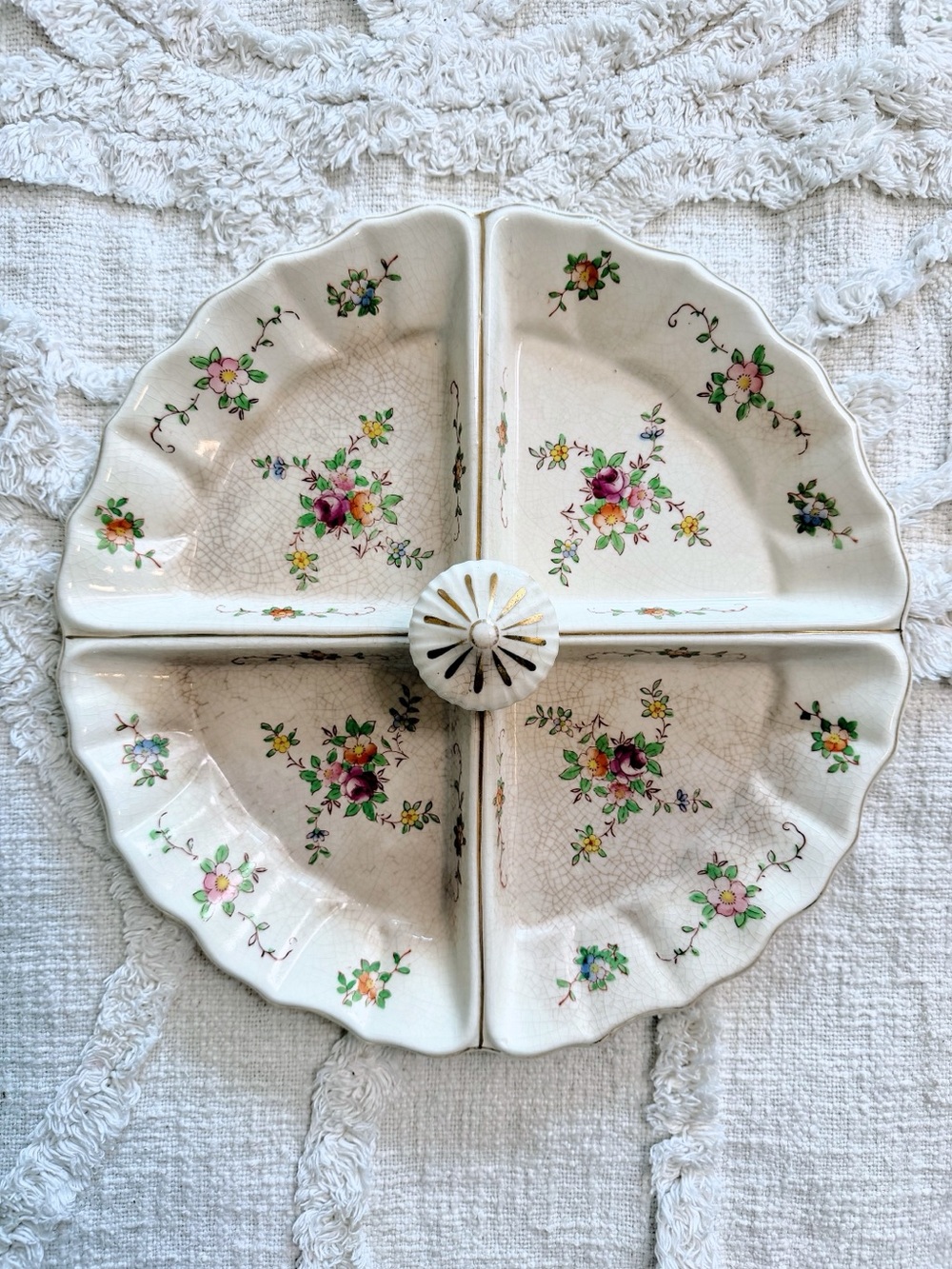 Vintage Canterbury Japan 4 Section Relish Tray Floral Porcelain Gold Trim 11”